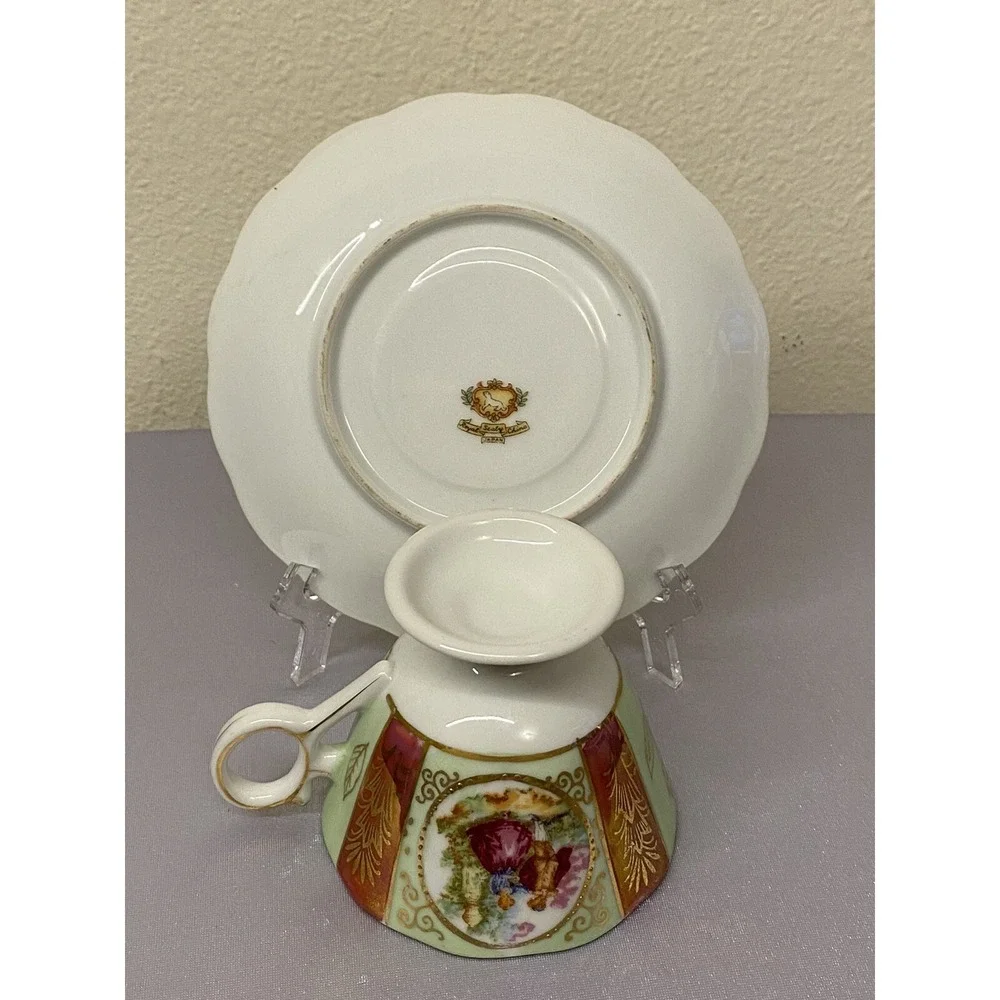 Royal Sealy China Japan Cup and Saucer - Courting Couple Mint Green /Iridescence